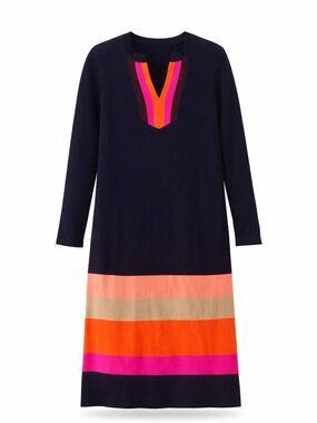 Navy Long Sleeve Stripe Colorblock Knit Dress with Pink & Orange Accents